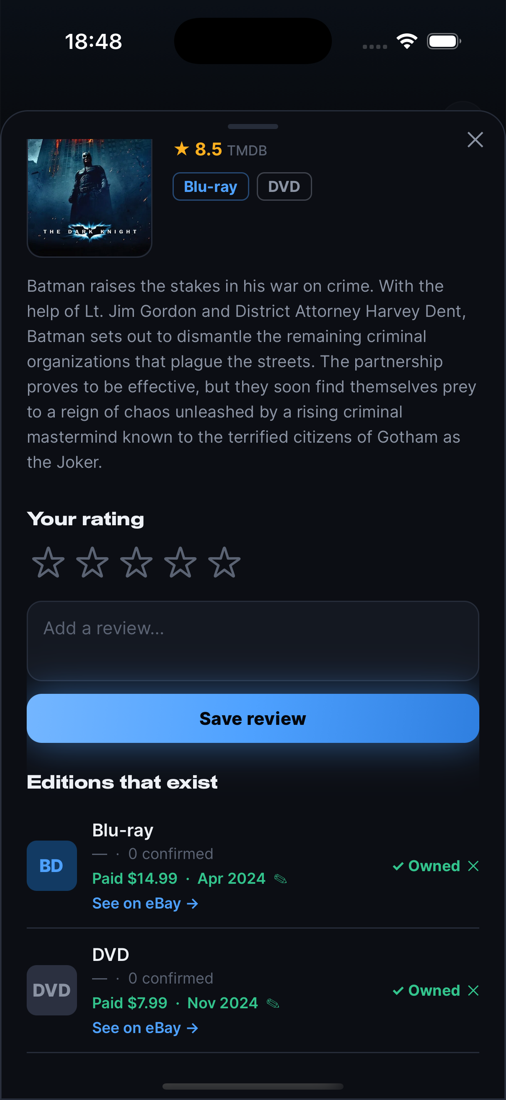 A film detail sheet listing every edition that exists, with the ones you own marked
